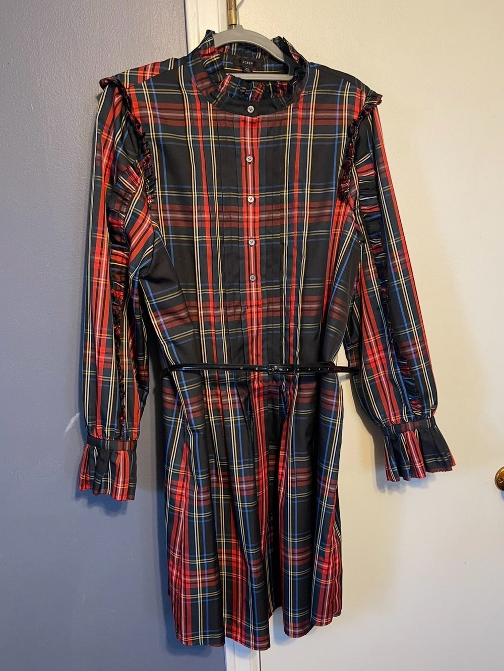 J Crew Dress AT597 Size XL Stewart Tartan Plaid Ruffle Long Sleeve